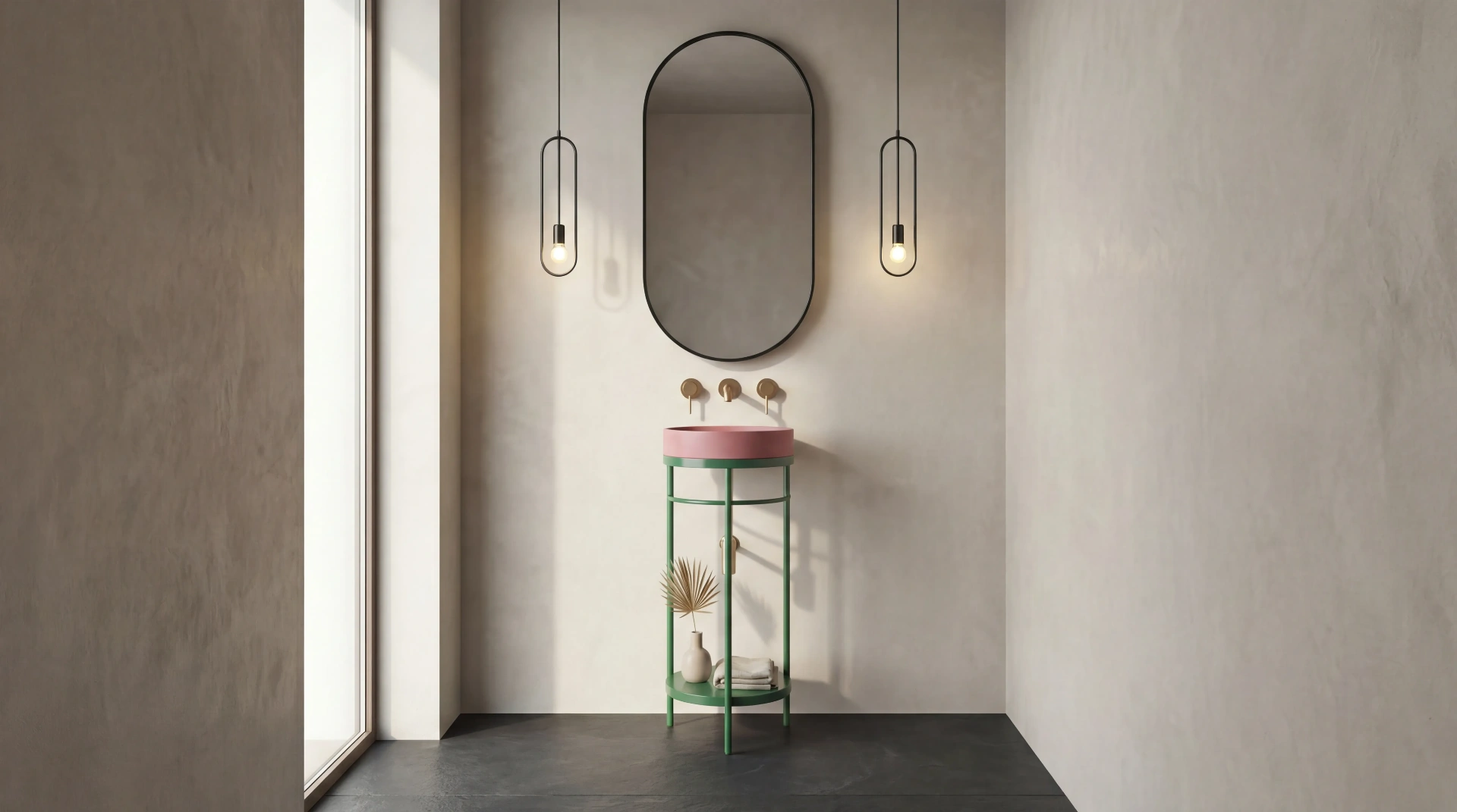 Concrete sink on orange console stand