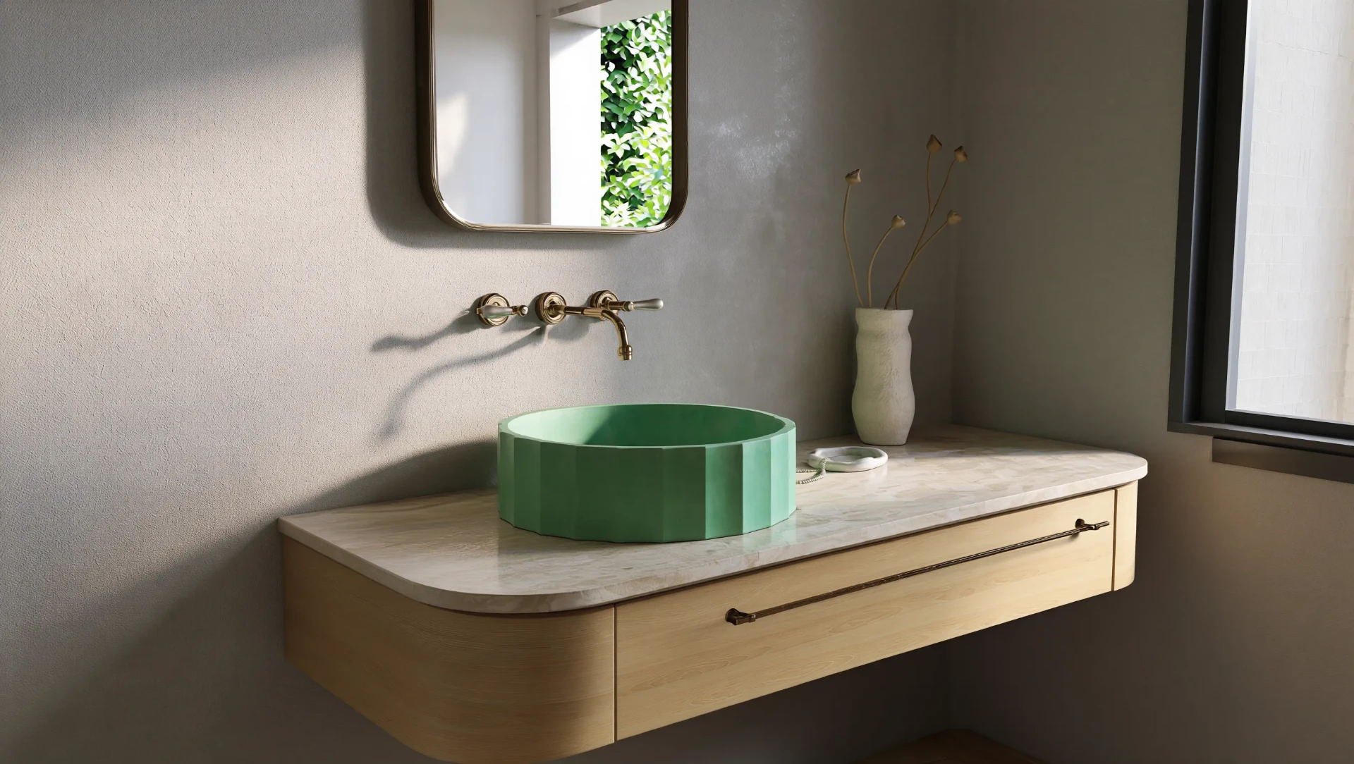 Clio concrete vessel sink in Sage on floating vanity